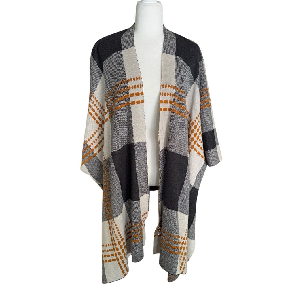 Joseph A Plaid Knit One Sz Women Zip Sweater Poncho Brown Gray Color Block NEW